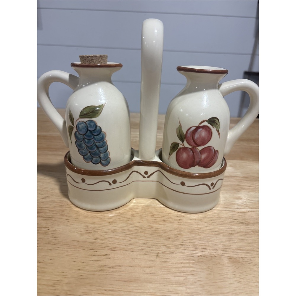 3 Piece Set Ceramic Oil/Vinegar Cruet Set With Caddy, Around The Orchard Home